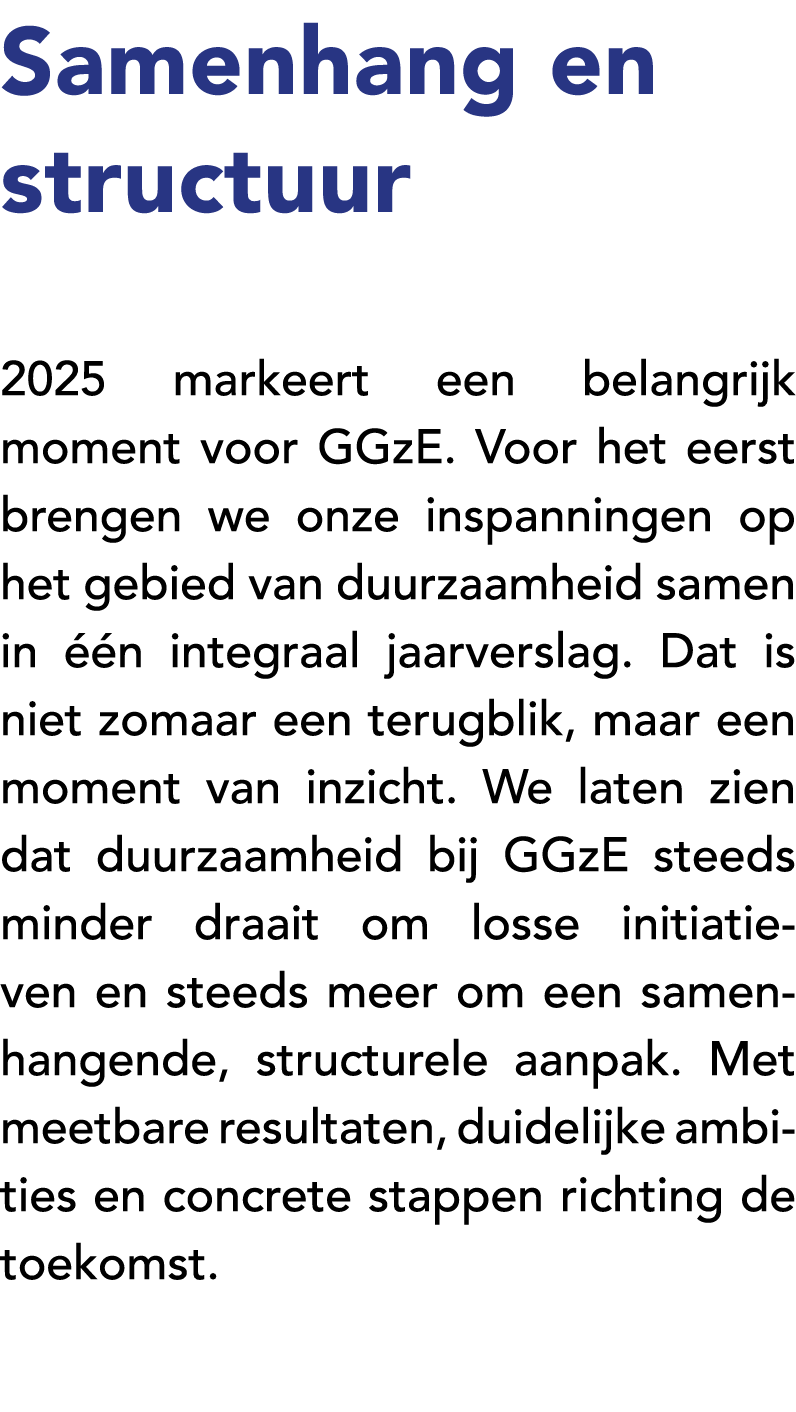 Samenhang en structuur 2025 markeert een belangrijk moment voor GGzE. Voor het eerst brengen we onze inspanningen op ...